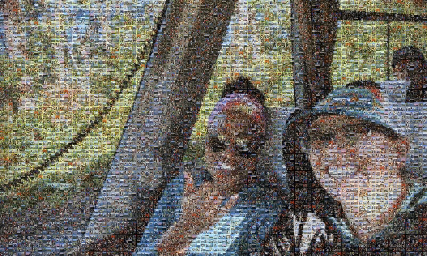 A photo mosaic of two people side by side, seen from across the room as one clear image